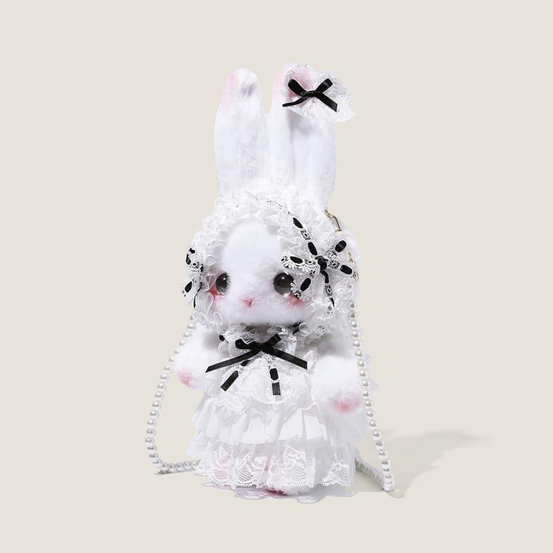 Girl Rabbit Plush Crossbody Bag With Pearl Chain And Lace For Daily Use
