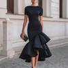 Women's Crew Neck Short Sleeve Midi Dress Slim Fit Elegant Asymmetrical Ruffle Bodycon Cocktail Dress
