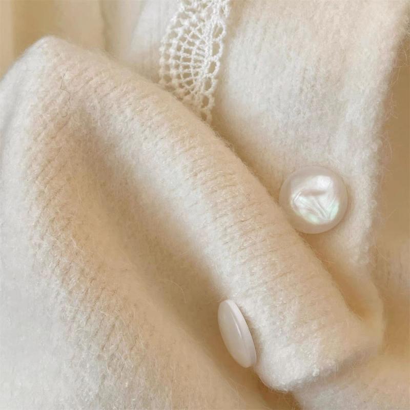 Sweet Lace Stitching Knitted Cardigan for Women Autumn Winter New Gentle Style Short Top