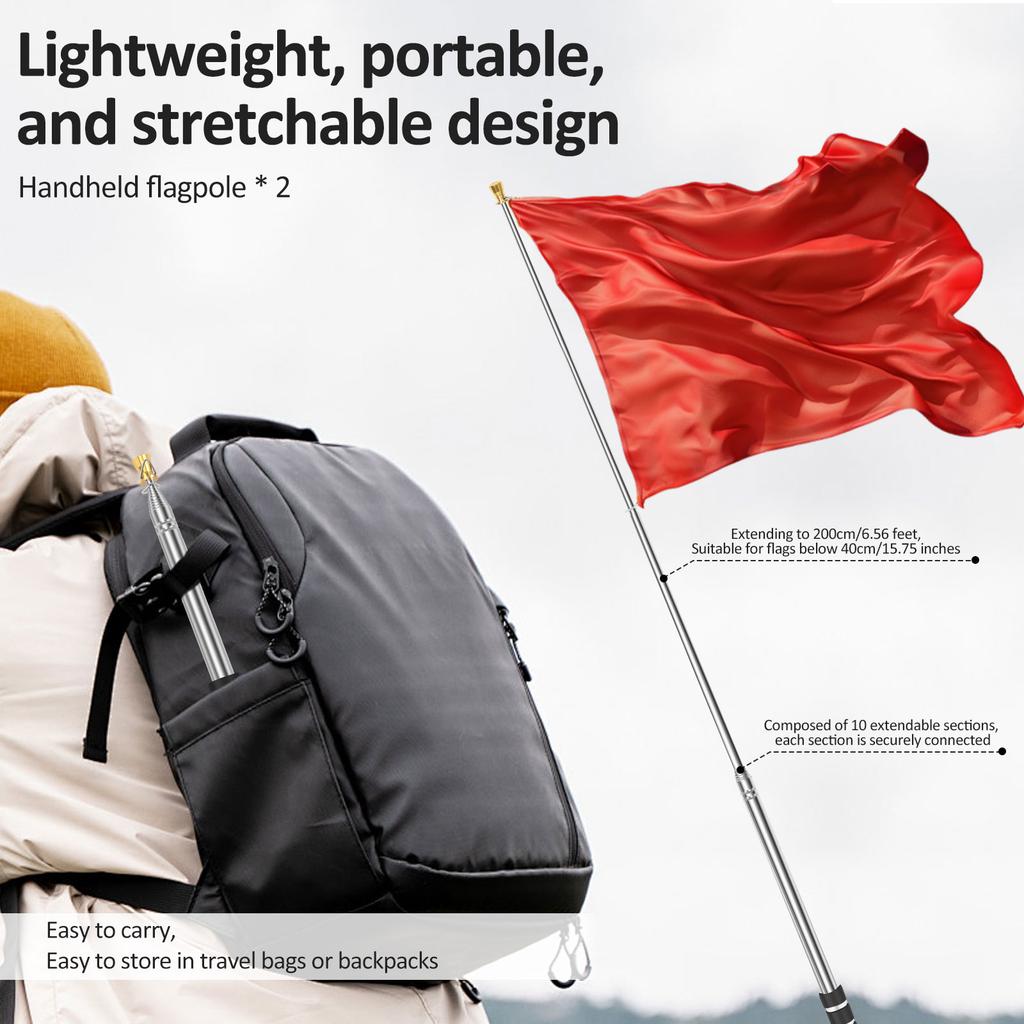 2Pcs Portable Telescopic Flag Pole 2/2.5/3M Stainless Steel Handheld Flag Pole with Spring Carabiner & Clip Tour Guide Flag Pole