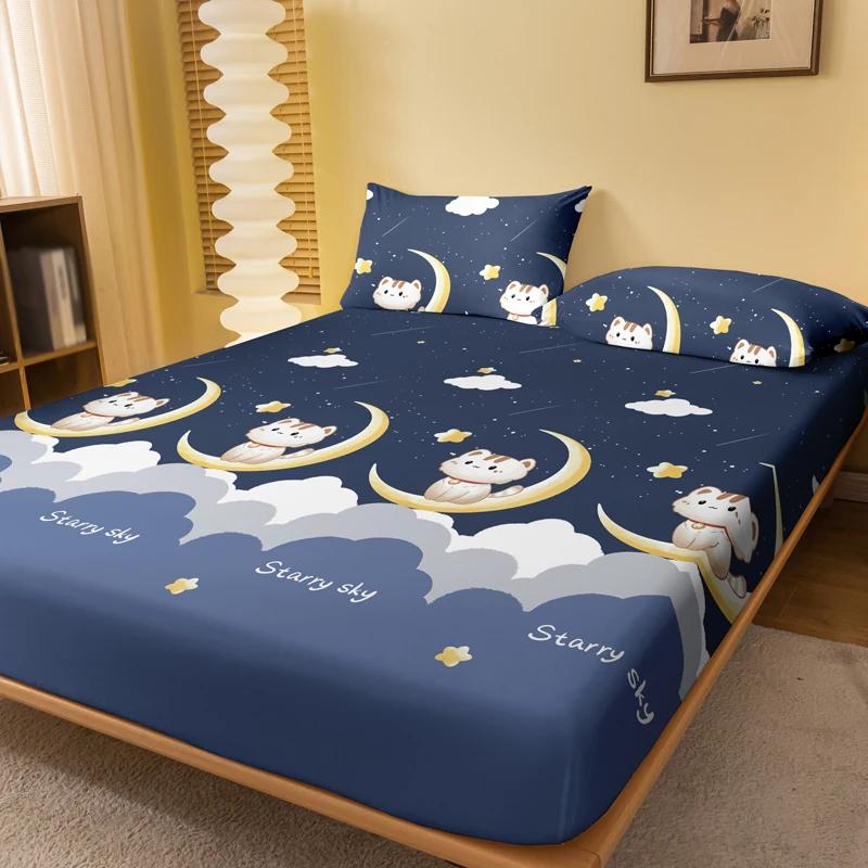 Cartoon 1 Cute Animal Cat Printed Matte Fitted Sheet, Bedroom Printed Bed Cover, Bedding Excluding Pillowcases