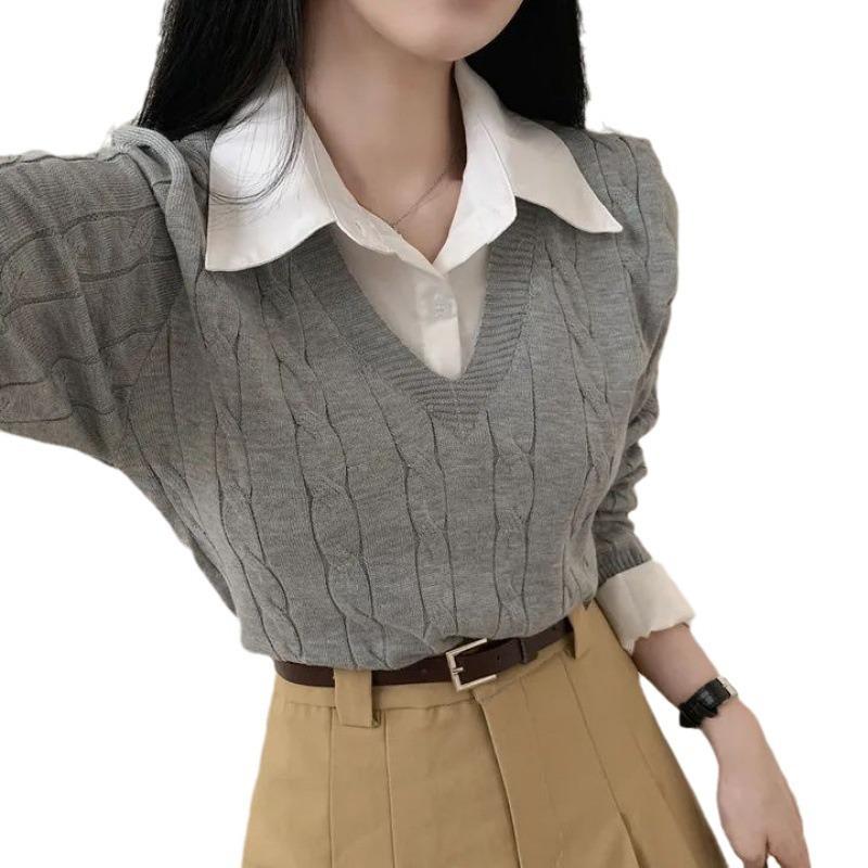 Shirt Collar Splicing Fake Two-piece Knitted Sweater Women's New Spring and Autumn Short Pullover