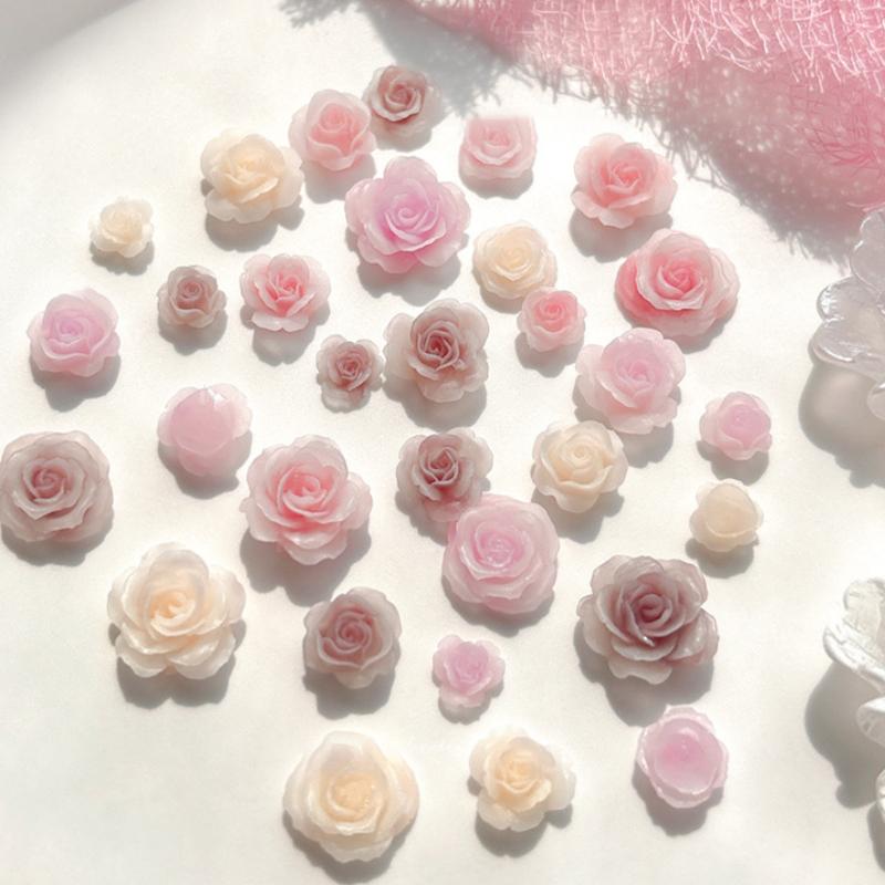 50Pcs Diy Nail Art Decor 3D Rosa Chinensis Flower Rose Flower Nail Drills Mixed Size Camellia Flower Nail Drill Manicure Design