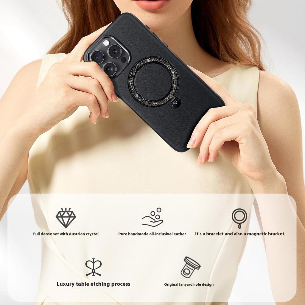 PYNANA PN-16L2 For iPhone 16 Pro Case Compatible with MagSafe Crystal Ring Kickstand PU Leather PC Cover