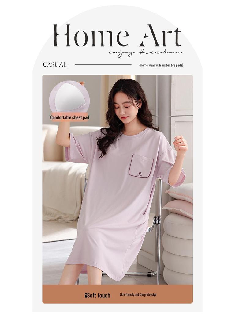 Women's Pure Cotton Loose Mid-Length Nightgown with Bra Pads – Comfortable Anti-Exposure Pajamas for Spring, Suitable for Home or Outdoor Wear.