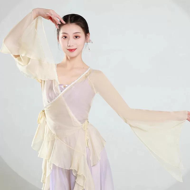 Women's Chinese Style Gradient Dance Dress, Flowy Chiffon Long Sleeve Performance Costume