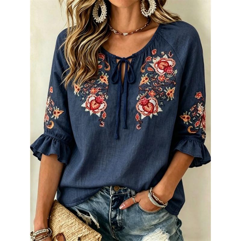 Women's Boho Geometric Tribal Print Tie Front Blouse, Casual Loose Top for Spring Summer Daily Wear
