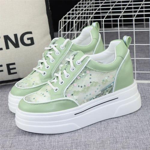 

Модные белые туфли на платформе, увеличивающие рост на 8 см, женские летние новые сетчатые дышащие туфли на платформе с мягкой подошвой, повседневные спортивные кроссовки 37 зелёный