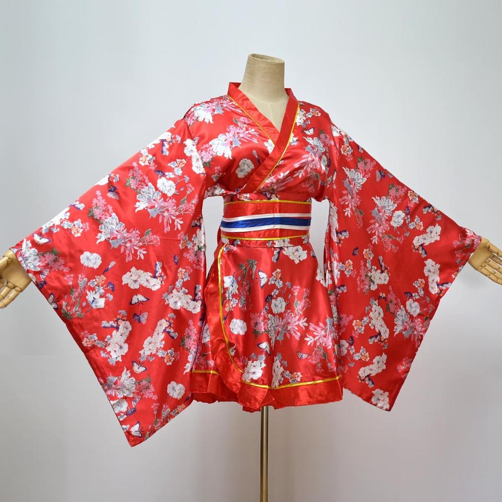 Japanese Style Silk Kimono Cosplay Costume Sexy Underwear One Piece Party Evening Dress Women's (Red, L)