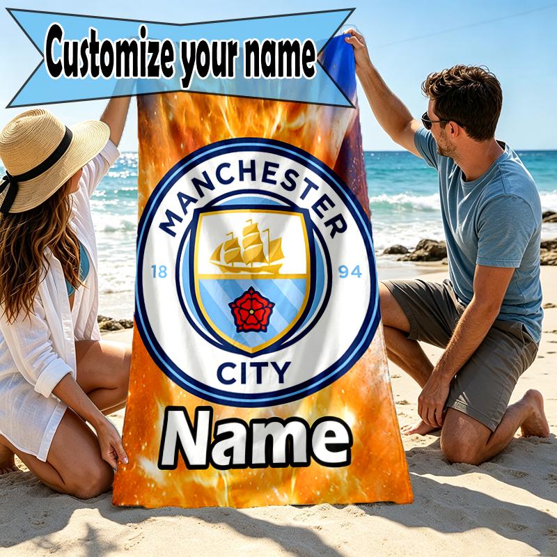 Custom Name Personalized Manchester City FC Print Beach Towel, for Trip Camping Beach Party Home Decor, Birthday Gift for Family & Friends