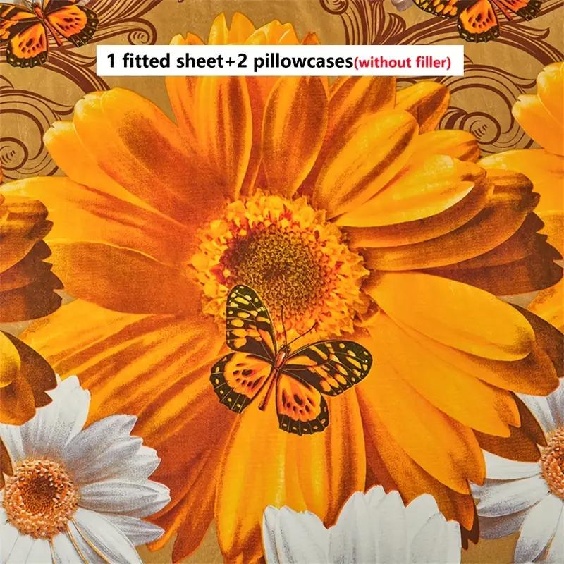 3pcs Golden Sunflower + Butterfly Print Fitted Sheet Set Perfect Fit for Bedroom or Guest Room Use, Bedspread Cover, Mattress Protector, Bedding Set