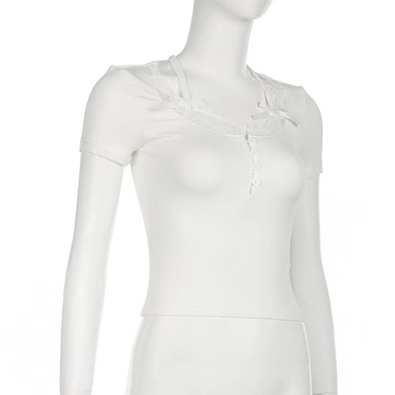 Decolteu cu dantelă, cu fundă, tricou drăguț Y2K, tricou pentru femei, subțire, cu mânecă scurtă, cu mânecă scurtă, îmbrăcăminte dulce pentru balet