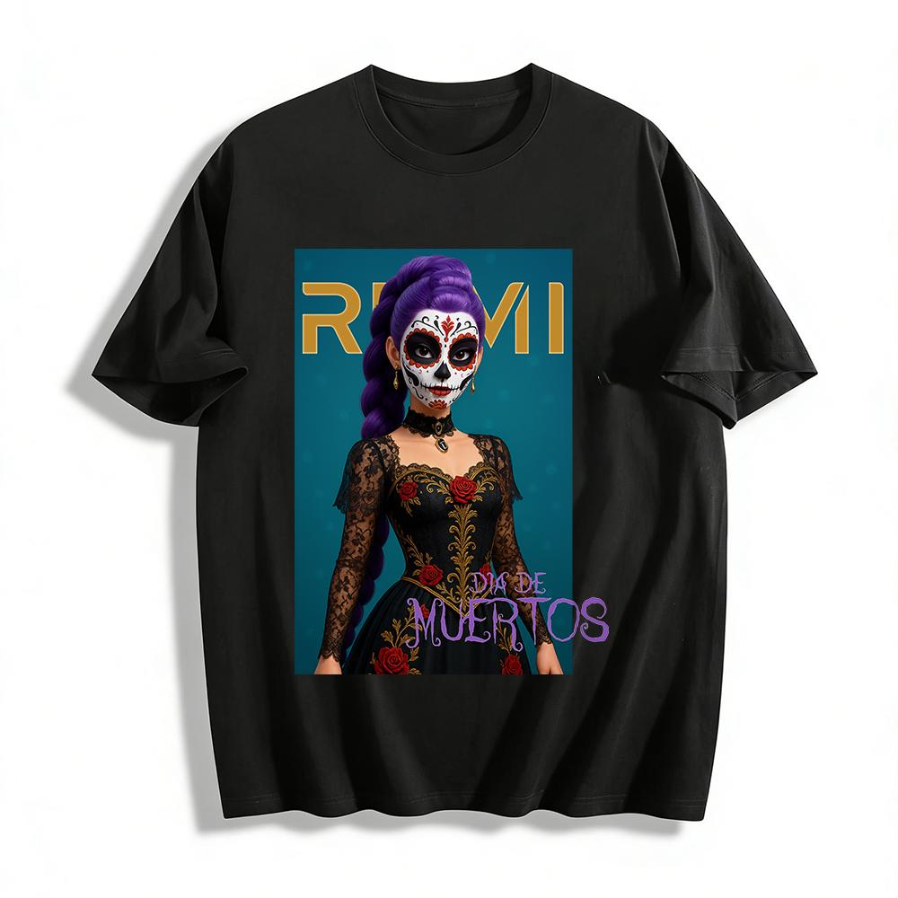 

Day of the Dead Purple Hair Catrina Print Top Retro Lace Slim Fit Festival Women s Blouse Pure cotton T-shirt XXS