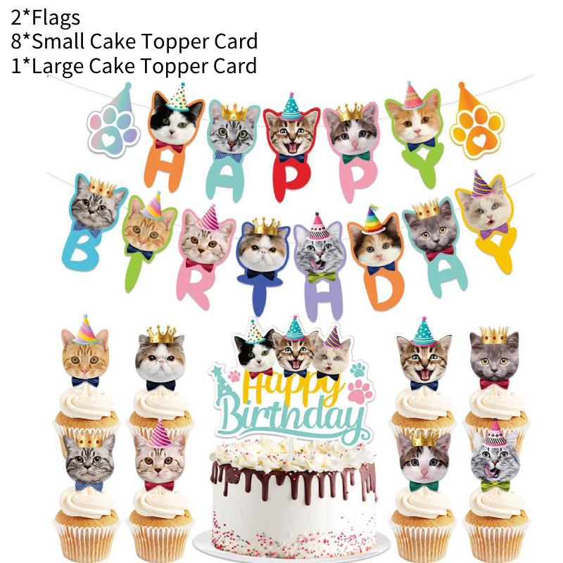 Cat Theme Birthday Pet Party Supplies Decoration Set Banner Cake Card Topper