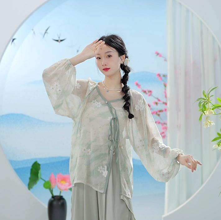 Women s Chinese Classical Mesh Dance Costume - Long Sleeve, Loose, Flowing Practice Top Medium