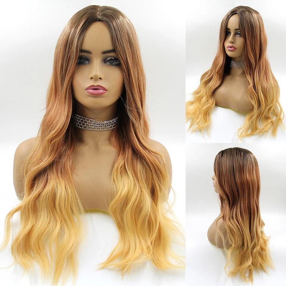 Μακριές καφέ Ombre συνθετικές περούκες για γυναίκες Φυσικά μαλλιά κυματιστές περούκες μεσαίου μέρους Γυναικεία περούκα Cosplay ανθεκτικές στη θερμότητα περούκες από ίνες