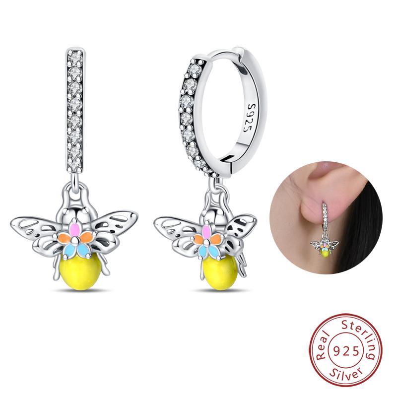 100% 925 Silver Colorful Butterfly Ladybug Rose Bow Pendant Earrings For Women Fashion Anniversary Party Jewelry Gifts
