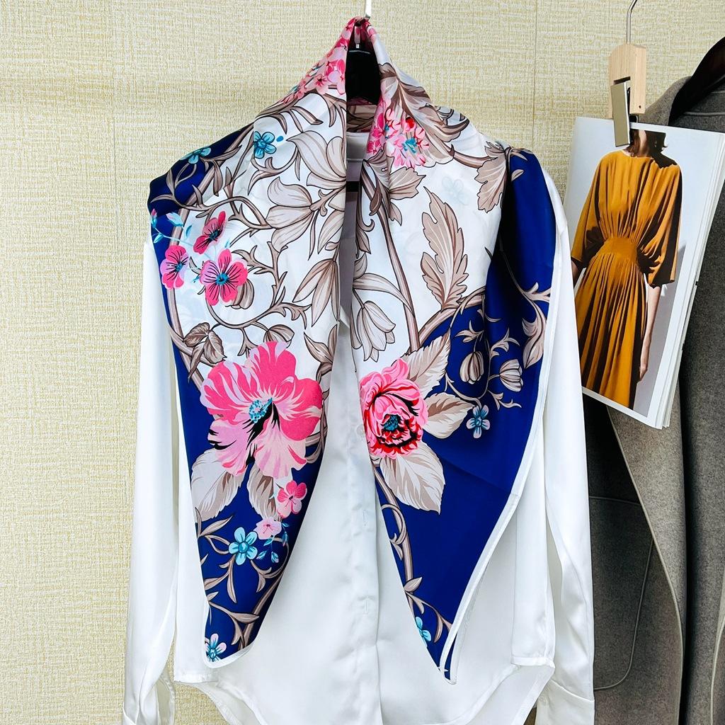 Dongdaemun Flower Silk Printed Silk Scarf Women'S Square Scarf Spring And Autumn Versatile Thin Foreign Style Scarf Shawl