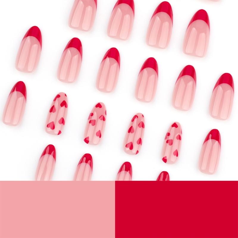 24 Stück Valentinstag Aufklebe-Nagel Französische Spitze Künstlicher Nagel Mandelform Press-On-Nagel Herz Acrylnagel