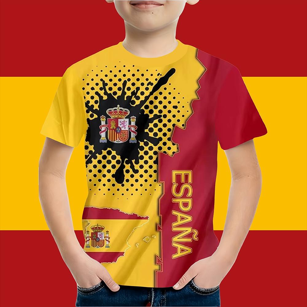 Boys Clothes Spanish Flag Graphic T-Shirt Vintage Casual Short Sleeved Kids Clothes 2-14Y Summer Outdoor Spanish Child Top Tee