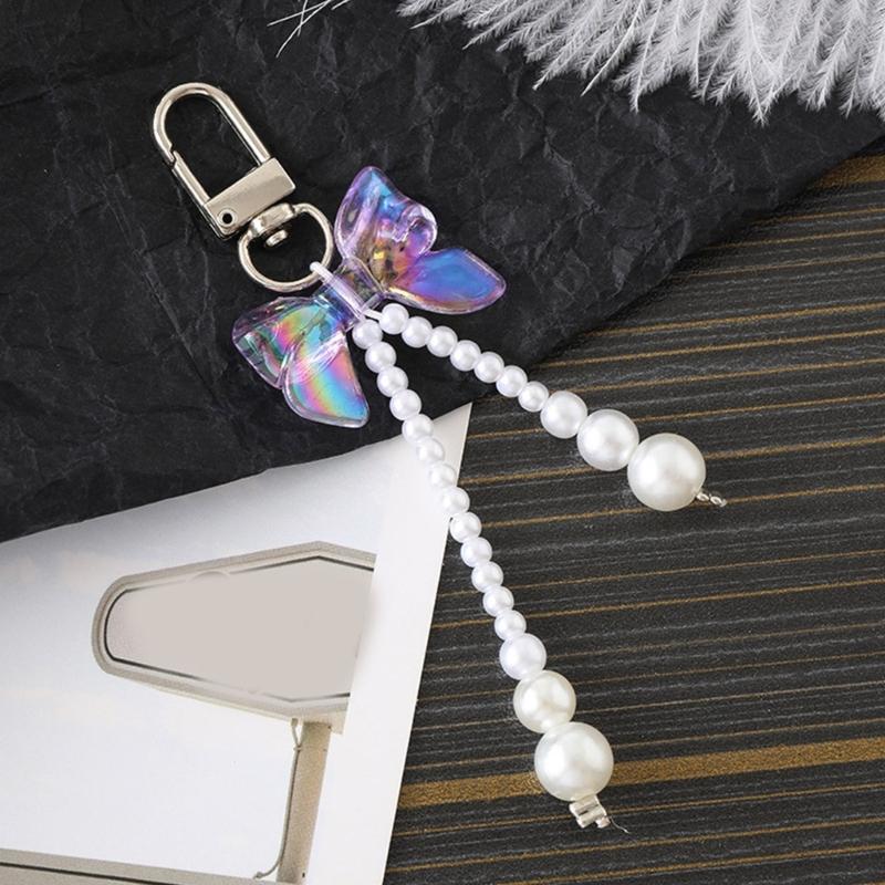 Bowknot Shaped Keychain Pendant Pearls Beaded Butterfly Knot Key Chain Fashionable Bow Ornament for Phones and Bag
