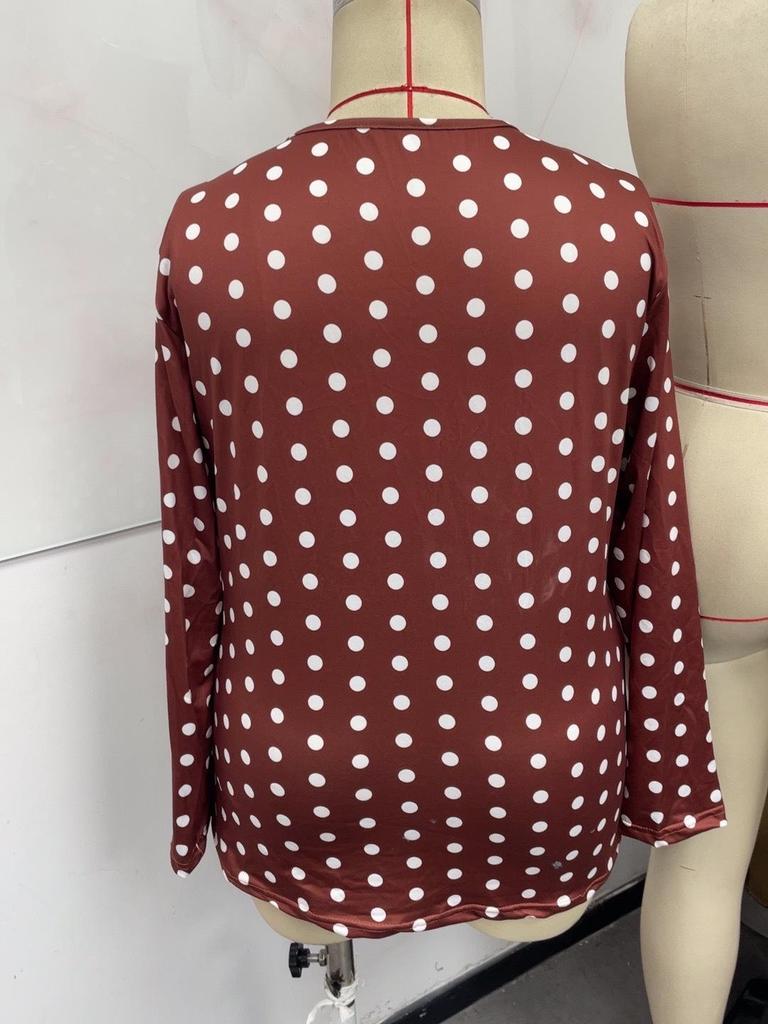 2025 Plus Size Women's Polka Dot Long Sleeve V-Neck Zipper Pullover Top