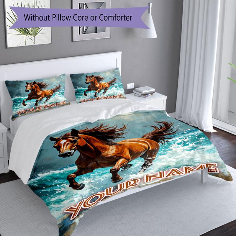 3PC Custom Name Horse Waves Bedding Set Duvet Cover Closure Includes 1 Duvet Cover & 2 Pillowcases for Bedroom