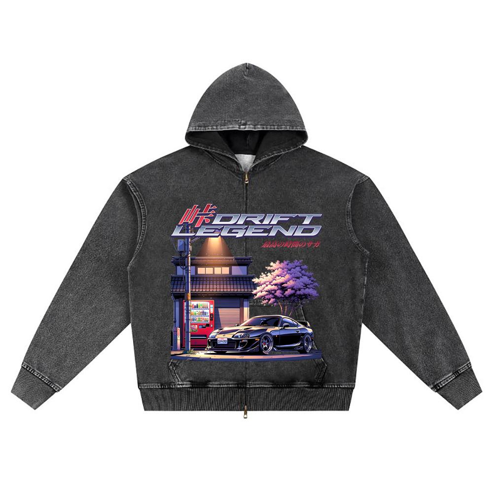 DTG Print Knitted Denim Zip-Up Hoodie Drift Legend Brother Print Zipper Hoodies  