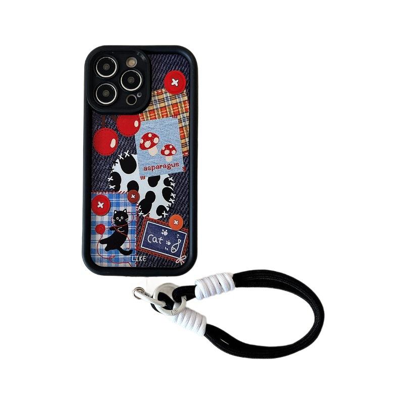Denim Cat Splicing Suitable for Iphone16Promax Mobile Phone Case Apple 15 Couple with Lanyard Full Cover Shell