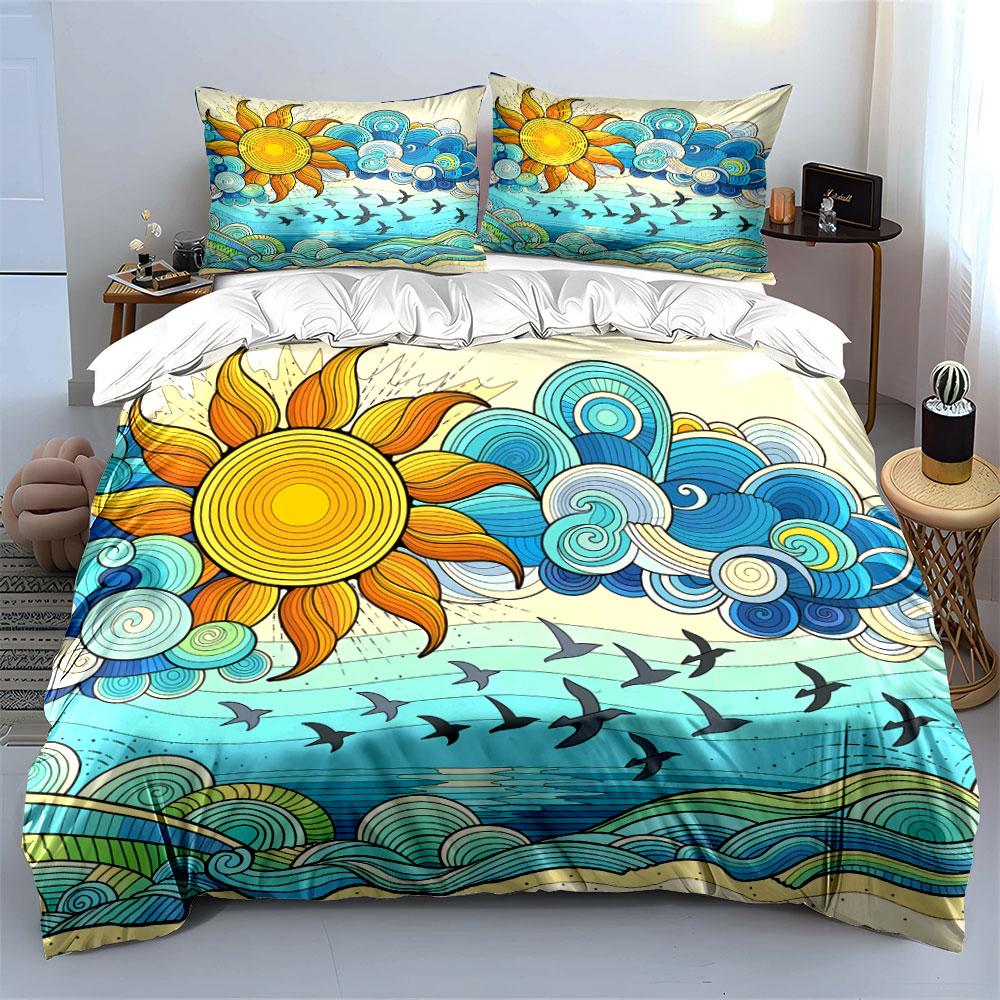 Colorful Ocean Sun Decor Set Bedding Set with 1 Duvet Cover 2 Pillowcases Single Double King Queen Gift