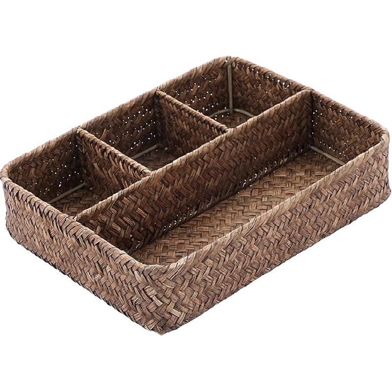 BTSKY Desk Drawer Organizer Tray, Coffee Station Organizer Tea Bag Organizer, Woven Seagrass Storage Basket with 4 Divided Sections Handwoven Wicker