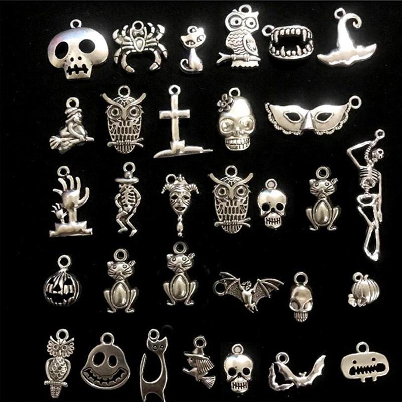 50 Stücke Gemischt Halloween Fledermaus Skelett Silber Charms Anhänger Diy Schmuck Machen