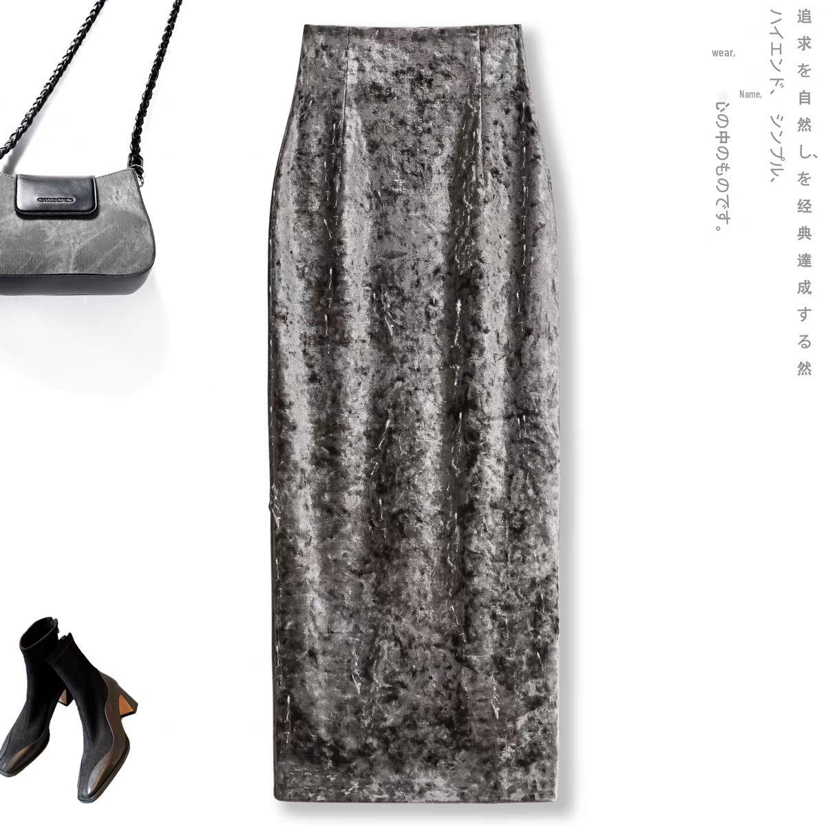 Imported Gold Velvet Diamond Bodycon Skirt: Chinese Style, High Waist, Slimming, Perfect for Autumn/Winter. M
