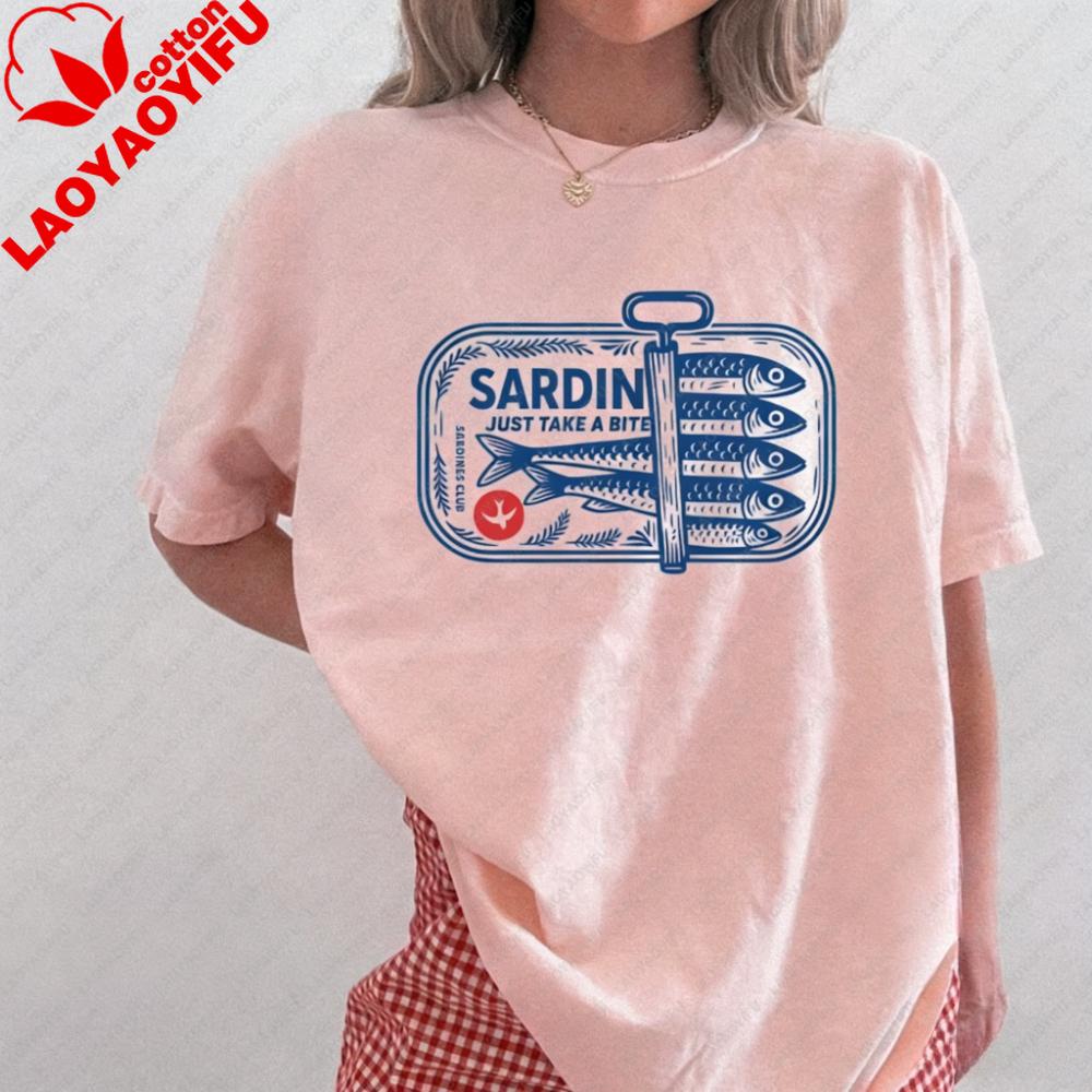 Vintage Sardines Cotton TShirt Retro Fish Tattoo Graphic Tee for Unisex Women Trendy Aesthetic Top Funny Unisex Tee Foodie Shirt