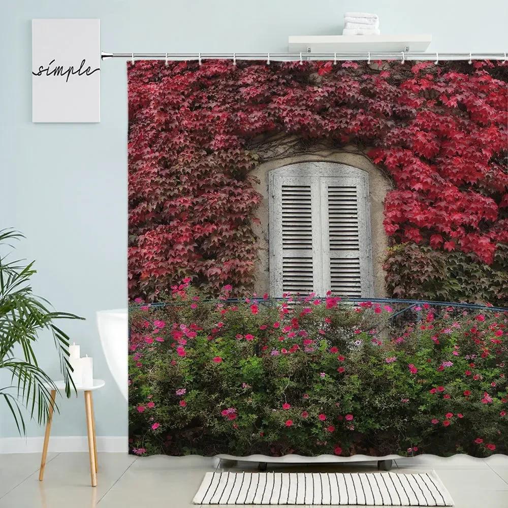 

Retro Flowers Window Brick Wall Shower Curtain Natural Scenery Green Plants Country Town Scenery Home Bathroom Screen Home Decor W60H190(CM)-1 Pcs