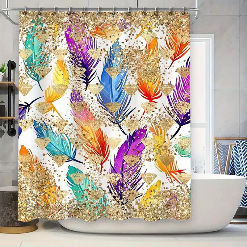 Vibrant Feather Shower Curtain Glitter Gold Decorative Bath Room Fabric Print Waterproof Washable 3D Printed Bathroom Shower Cur