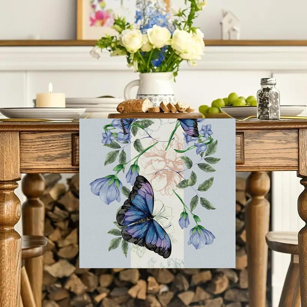 Spring Table Runner Blue Butterfly Flowers Seasonal Home Party Kitchen Dining Table Decoration 13x72 Inch