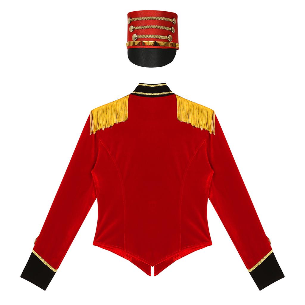 Womens Ringmaster Costume Circus Carnival Party Long Sleeve Stand Collar Fringe Shoulder Jacket Coat Hat Set