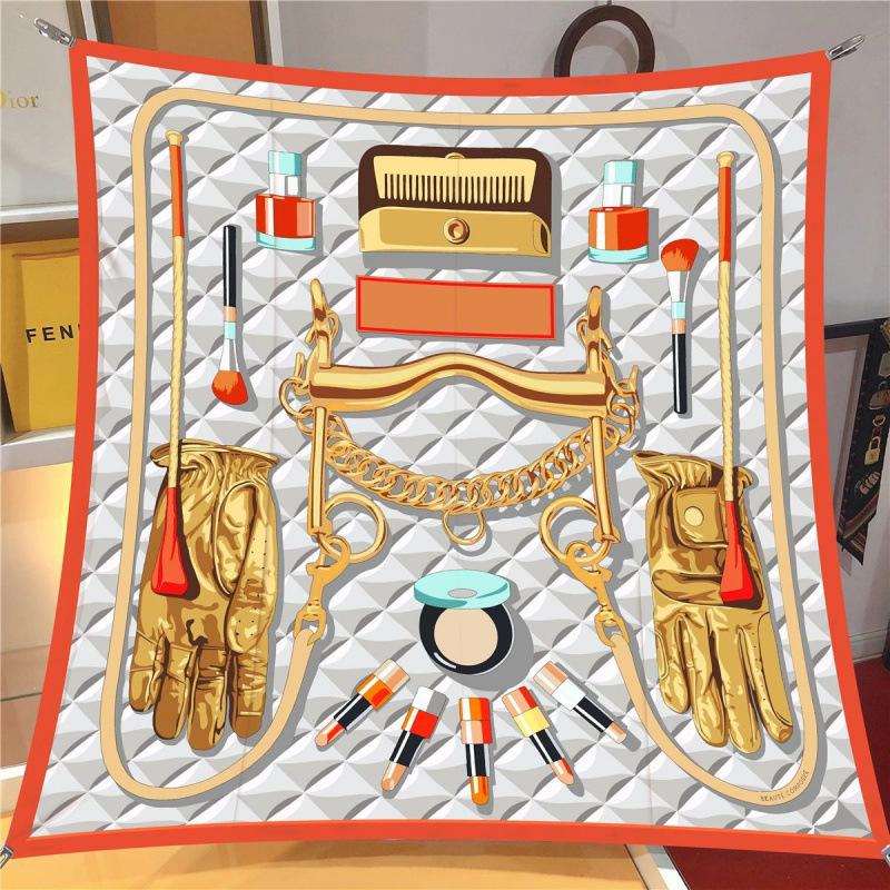 Spring New 90Cm Square Scarf Handmade Desktop Twill Silk High-End Shawl Headscarf Machine Curling Women Fashion Trend