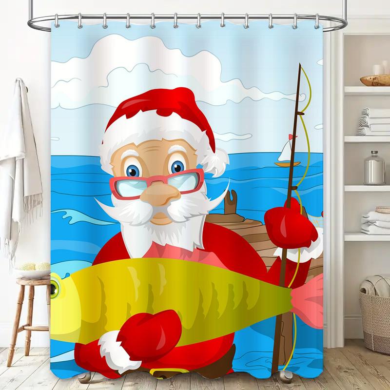 Tu Santa Claus Fishing Shower Curtain Festive Holiday Bathroom Decor Waterproof Christmas Themed Backdrop For Tub
