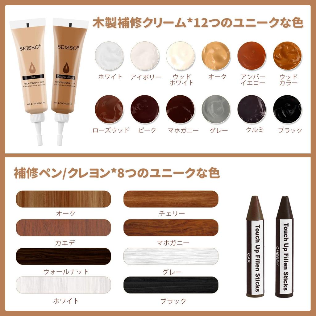 SEISSO Bodenreparaturset für Holzreparatur Kratzer Schraubenloch und Holzmöbelreparatur Kratzer, Creme, Spachtelmasse, Abdecker, Reparatur, Wachsstift,