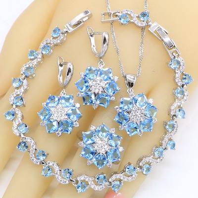 Seturi de bijuterii pentru nunta de argint 925 cu topaz albastru cer pentru femei, bratara, cercei, colier, pandantiv, inel, cadou de aniversare de mireasa