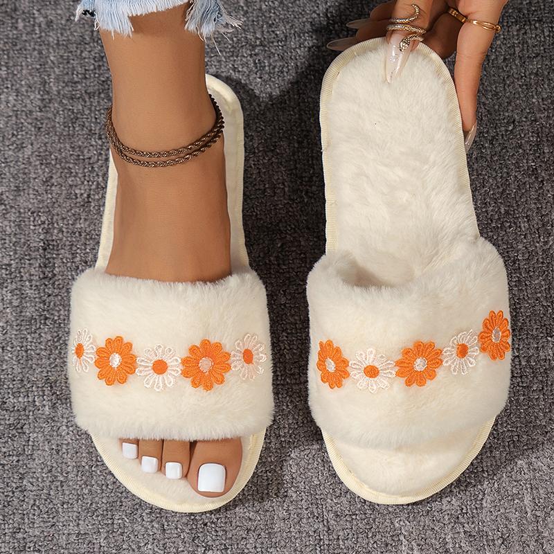 Fashion Fashion Flower Decor Cotton Slippers Women Soft Sole Warm Indoor House Slides Woman Winter Open Toe Non Slip Plush Slippers 2025