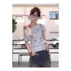 Women's Retro Off-Shoulder Letter Print White T-shirt - Slim Fit, Slanted Shoulder, Short Sleeve Summer Top