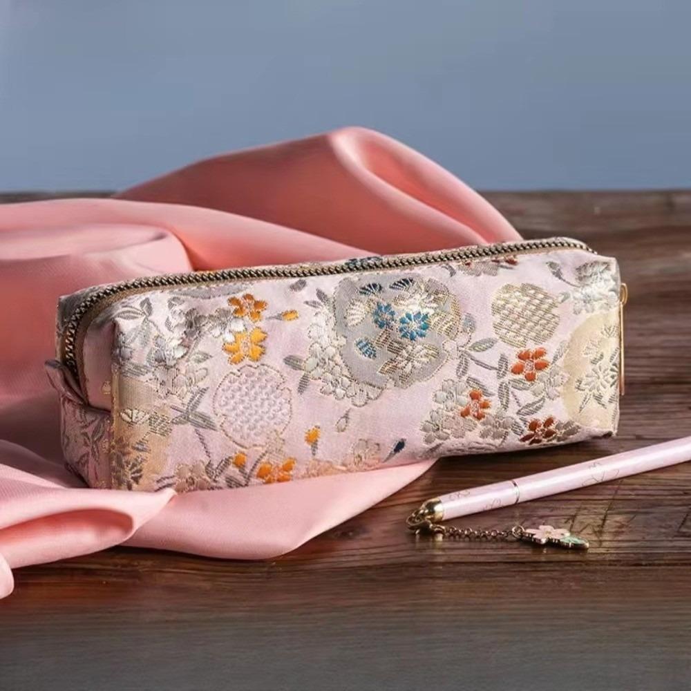 New Chinese Retro Style Pencil Case Damask Embroidery China Bird Flower Art Pen Bag Flannel Lining Beautiful Women Makeup Bag