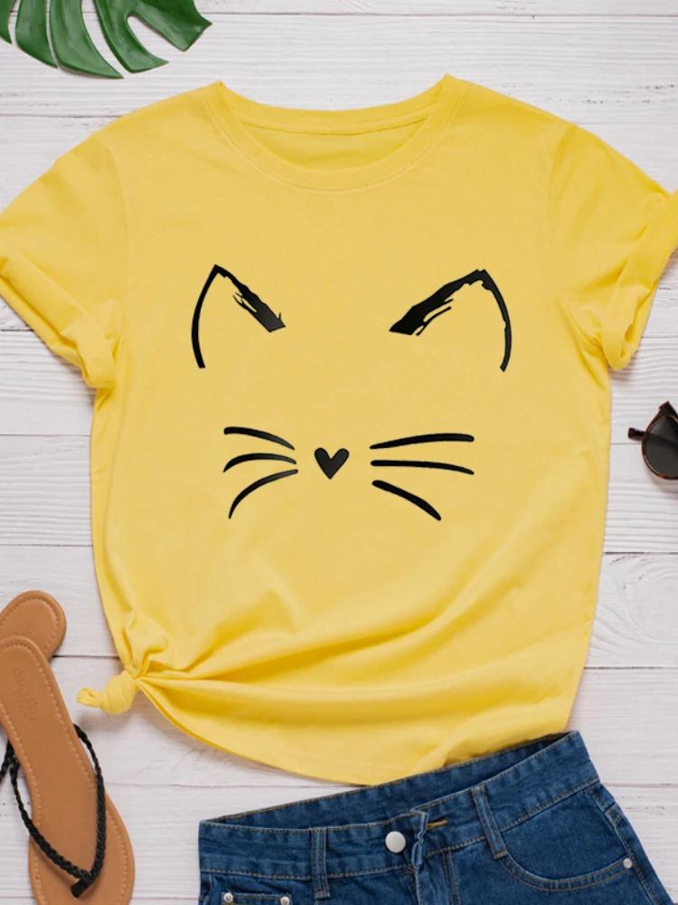 Cat Face Print Women T Shirt Short Sleeve O Neck Loose Women Tshirt Ladies Tee Shirt Tops Clothes Camisetas Mujer