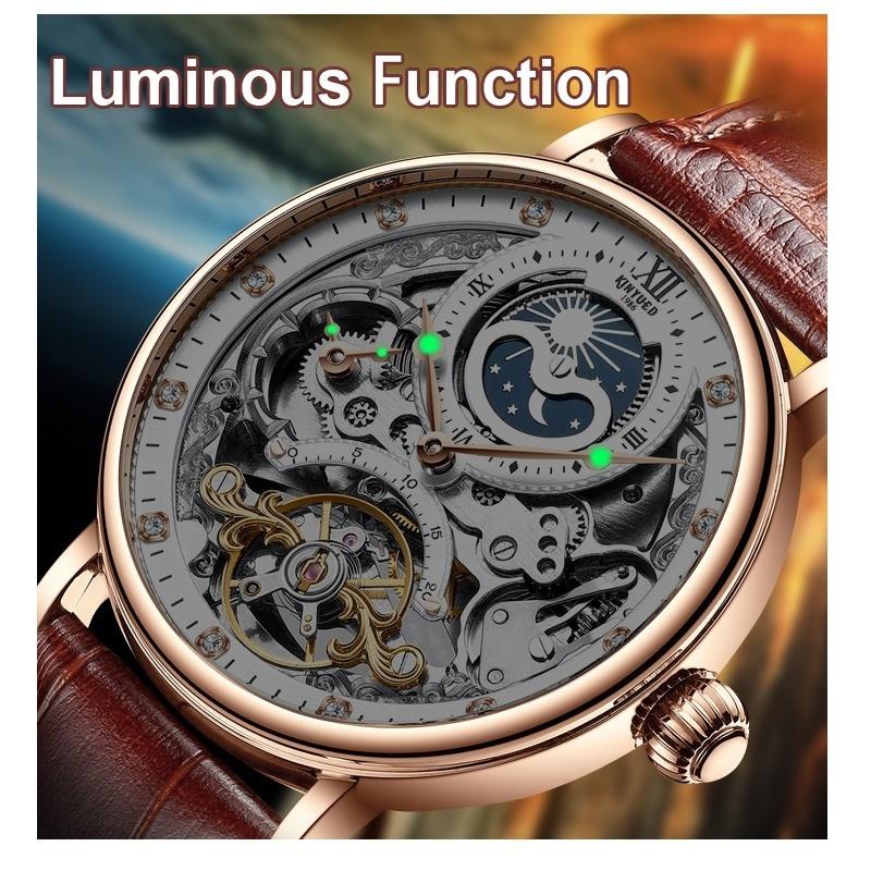 Orologio Meccanico Automatico Uomo Con Fase Lunare E Doppio Fuso Orario, Cassa 43mm Oro Rosso, Cinturino In Pelle Vera, Quadrante Scheletrato Con Diamanti
