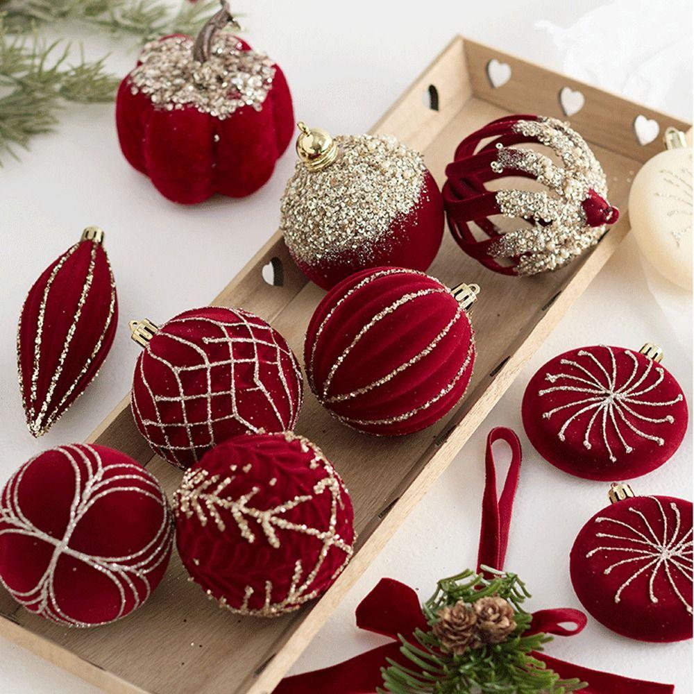 Glitter Flocked Christmas Balls Pendant Wine Red Merry Christmas Decor  Home New Year Decor