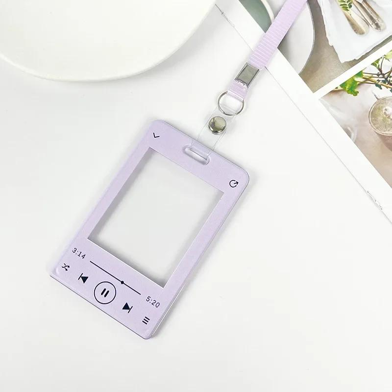 Music Player ID Card Holder with Spring Rope Heart Charm for Women Girls Kid Colorful Bus Subway Credit Card Protector Shell