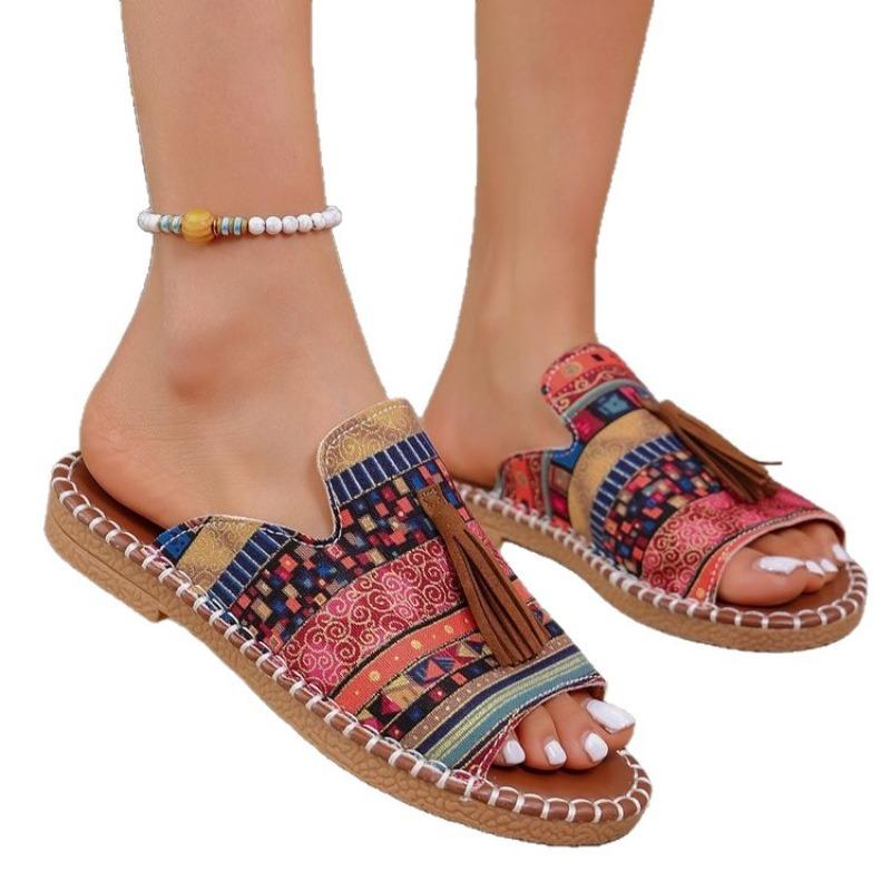 Girls Xia Xin Large Size Bohemian Flat Slippers Tassel Beach Sandals